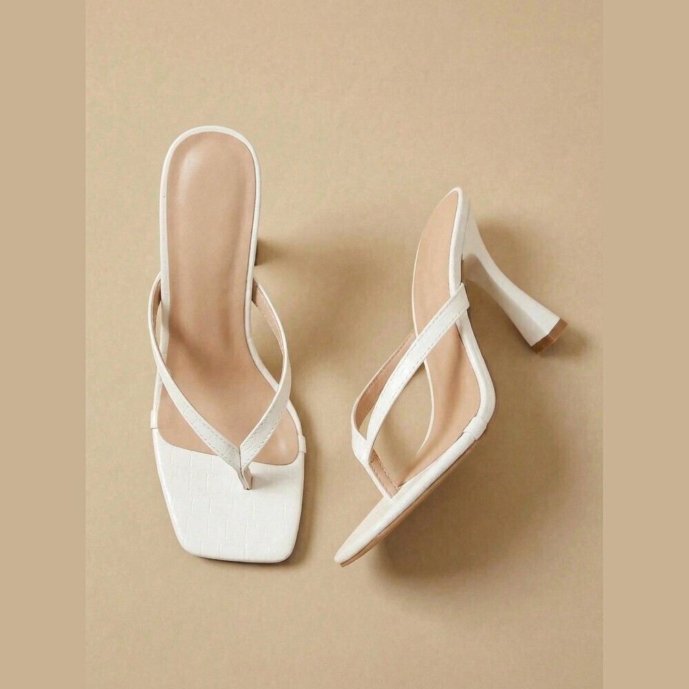 White Croc-Embossed Thong Strap Heeled Sandals